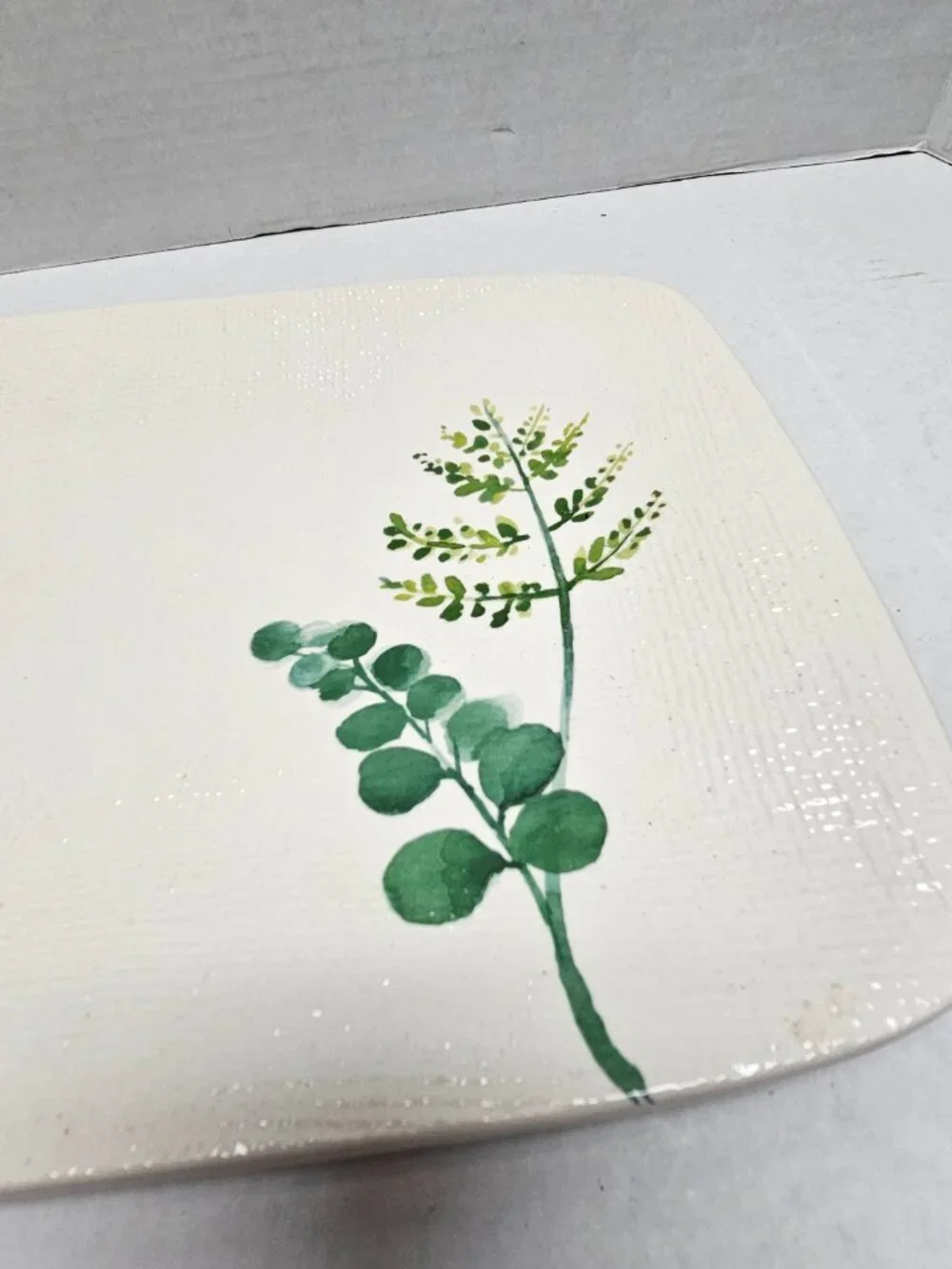 New Stoneware Pier1 Rectangular Ceramic Platter Botanical Green Design 16